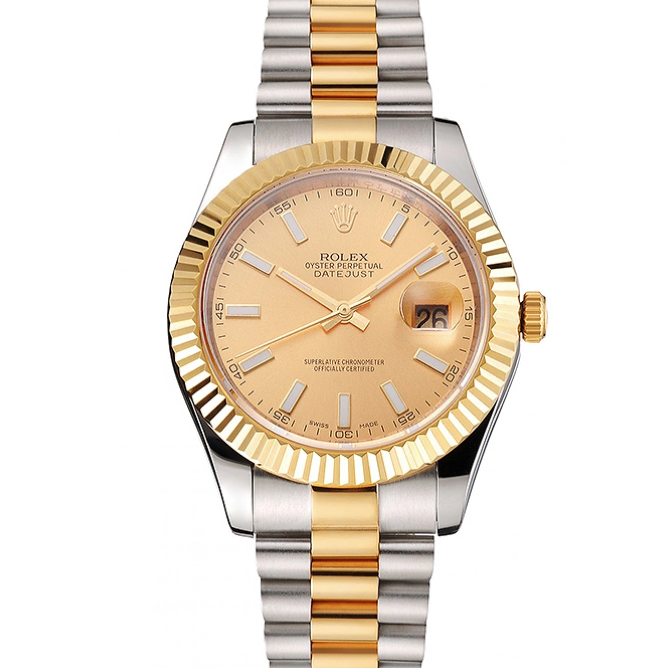 Aaa replica watch Datejust Bezel Rolex Gold Swiss Two Dial Stainless Gold Steel Tone Case Bracelet 0614